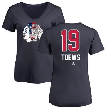 Navy Women's Jonathan Toews Chicago Blackhawks Name and Number Banner Wave V-Neck T-Shirt -